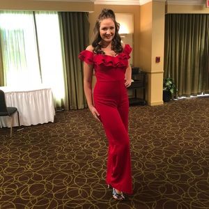 Windsor Red off the shoulder jump suit, size M